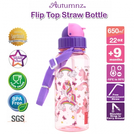 Autumnz BB Flip Top Straw Bottle (with Shoulder Strap) Tritan Water Bottle