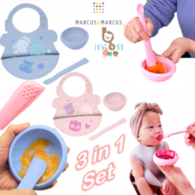 Marcus & Marcus Baby First Feeding Set 6m+ (3 in 1 Set) Bib, Masher Spoon & Bowl Starter Gift Set