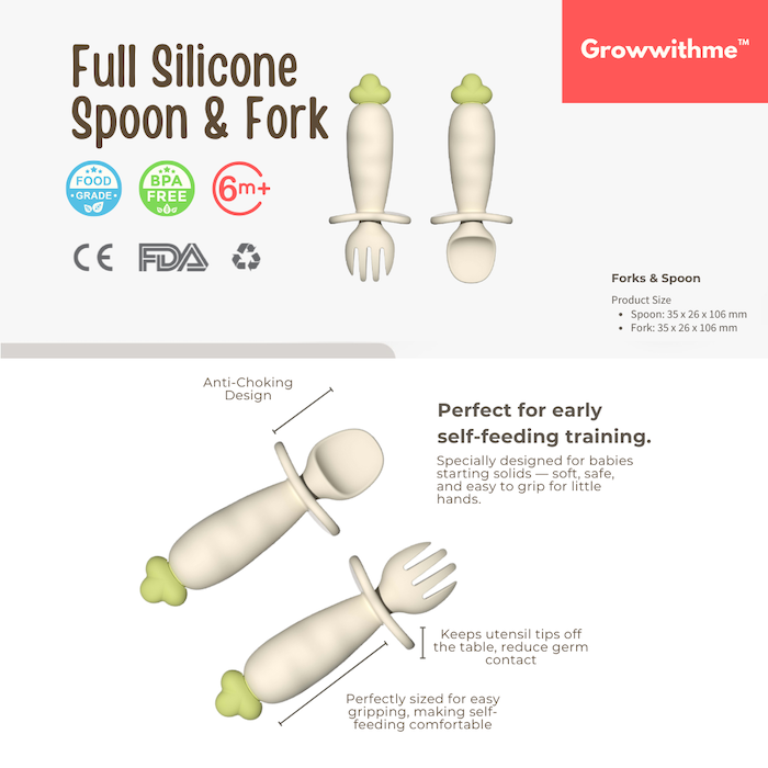 Growwithme Baby Full Silicone Fork & Spoon Set (6-12m) 宝宝训练辅食独立吃饭汤匙叉